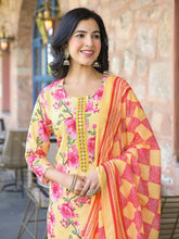 Women Yellow Rayon Blend Floral Printed Straight Kurta Trousers With Dupatta-VKSKD2324